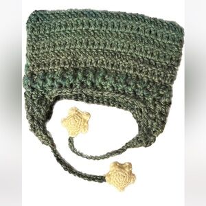 green striped cat ear hat with star pompoms